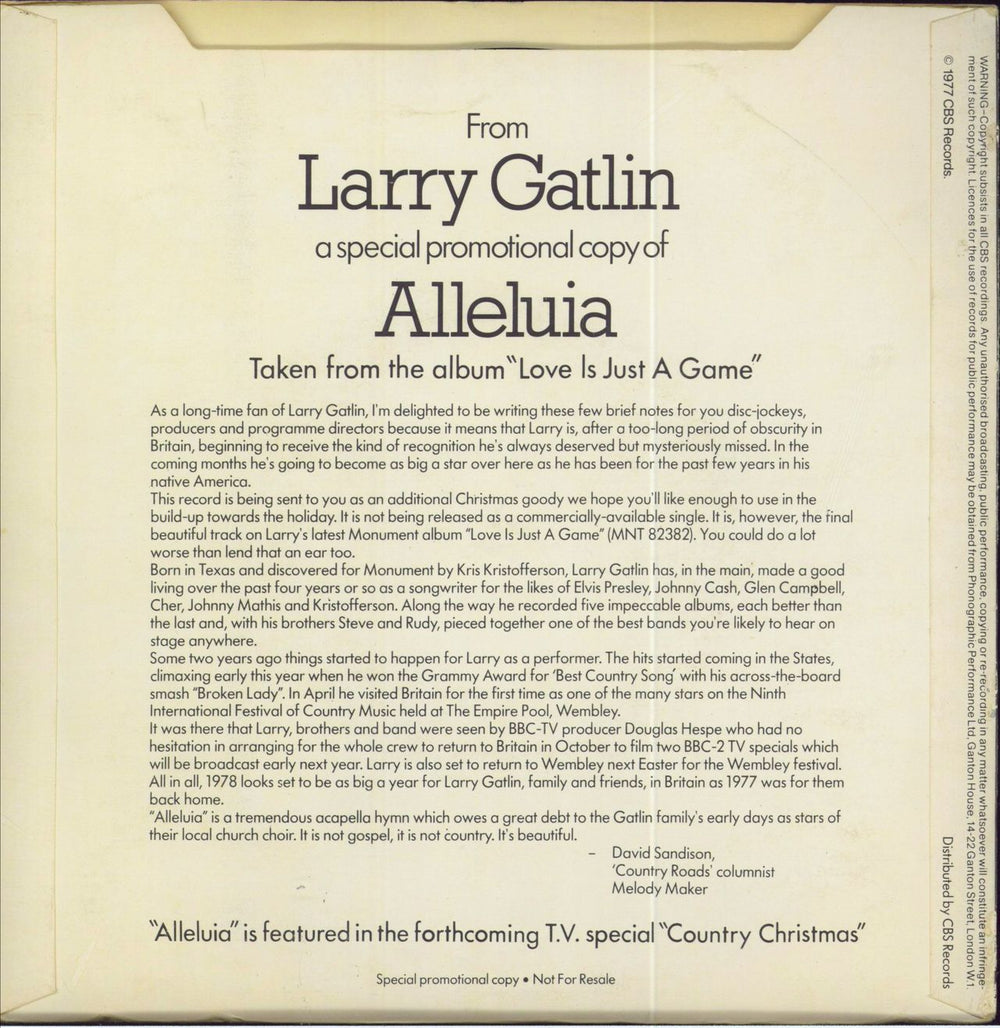 Larry Gatlin Alleluia + P/S UK Promo 7" vinyl single (7 inch record / 45)