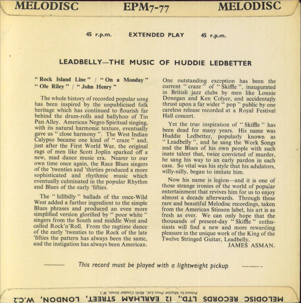 Leadbelly The Music of Huddie Ledbetter UK 7" vinyl single (7 inch record / 45)