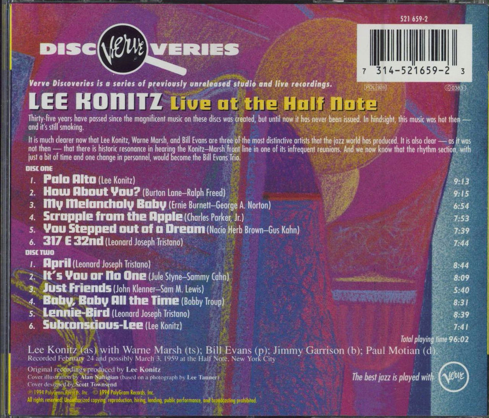 Lee Konitz Live At The Half Note German 2 CD album set (Double CD) 731452165923