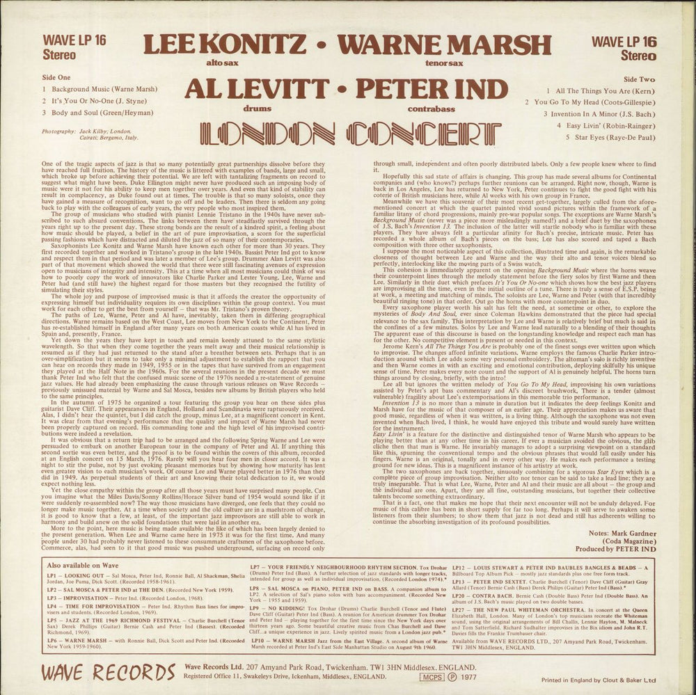 Lee Konitz London Concert UK vinyl LP album (LP record)