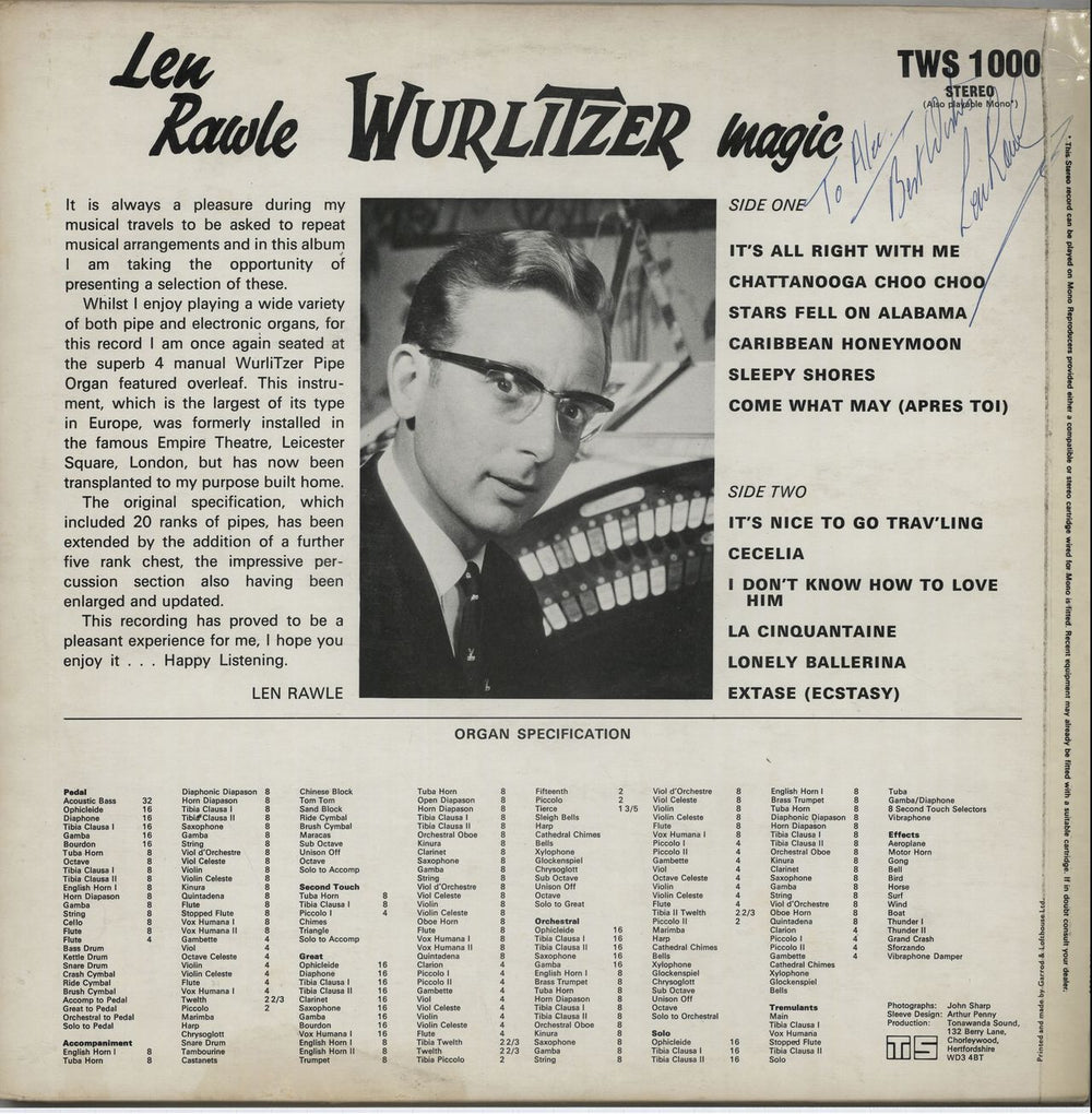 Len Rawle Wurlitzer Magic - Autographed UK vinyl LP album (LP record) TWS1000