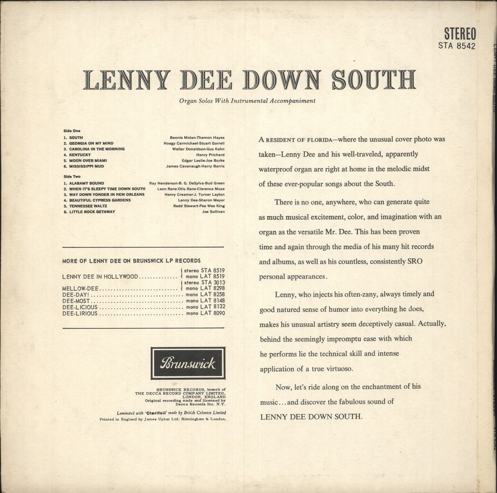 Lenny Dee Down South UK vinyl LP album (LP record)