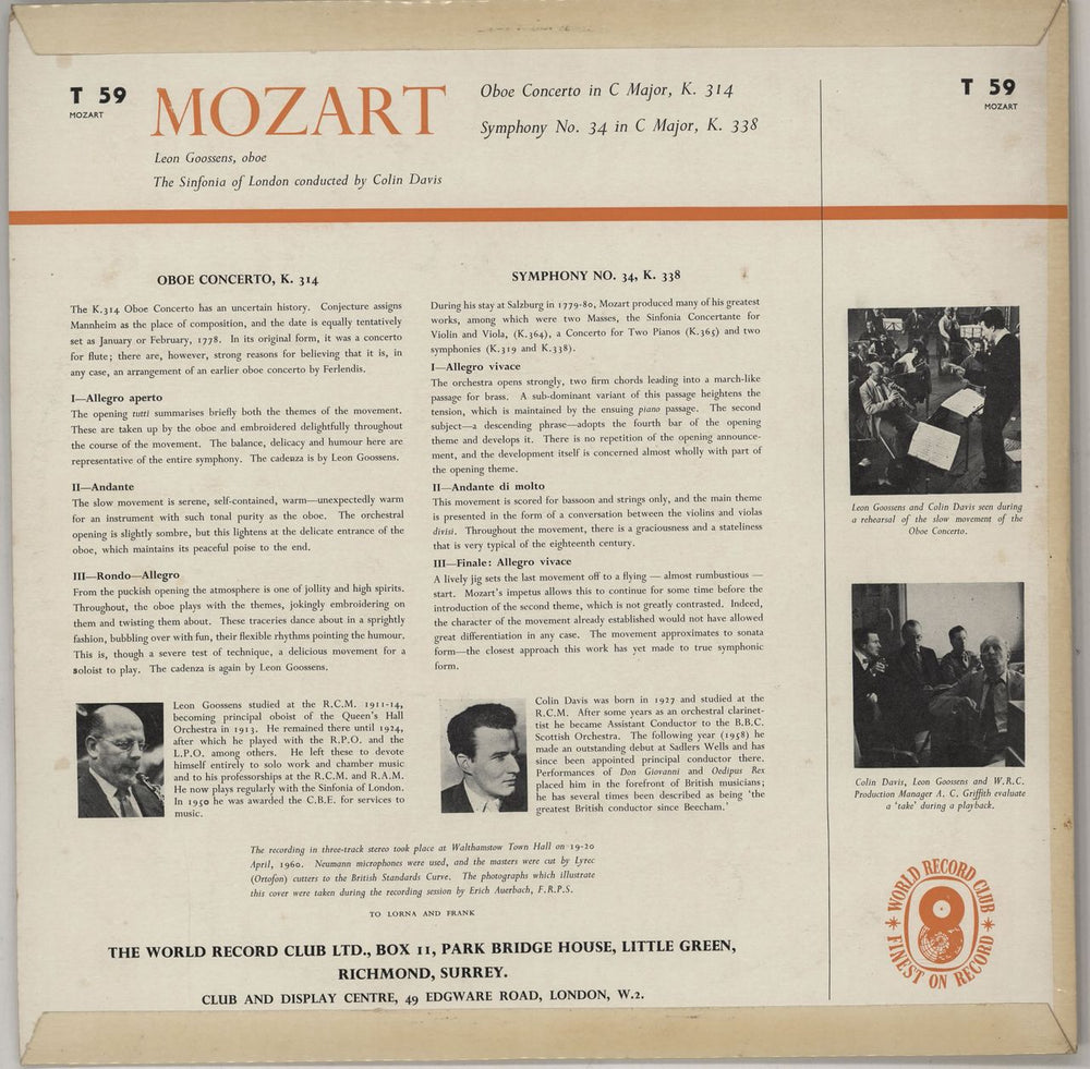 Leon Goossens Mozart: Oboe Concerto, K 314 / Symphony No. 34, K 338 UK vinyl LP album (LP record) GO0LPMO752163