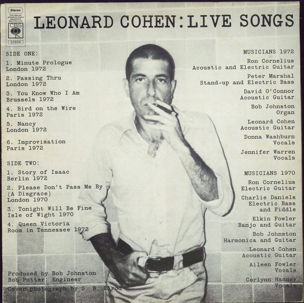 Leonard Cohen Live Songs UK vinyl LP album (LP record) 65224