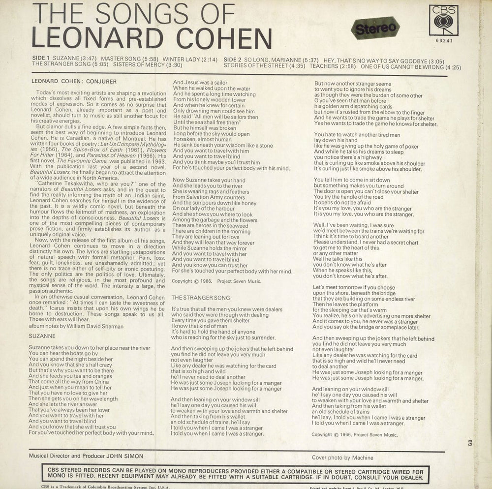 Leonard Cohen Songs Of Leonard Cohen - 1st -A1/B1- Smooth Label UK vinyl LP album (LP record)