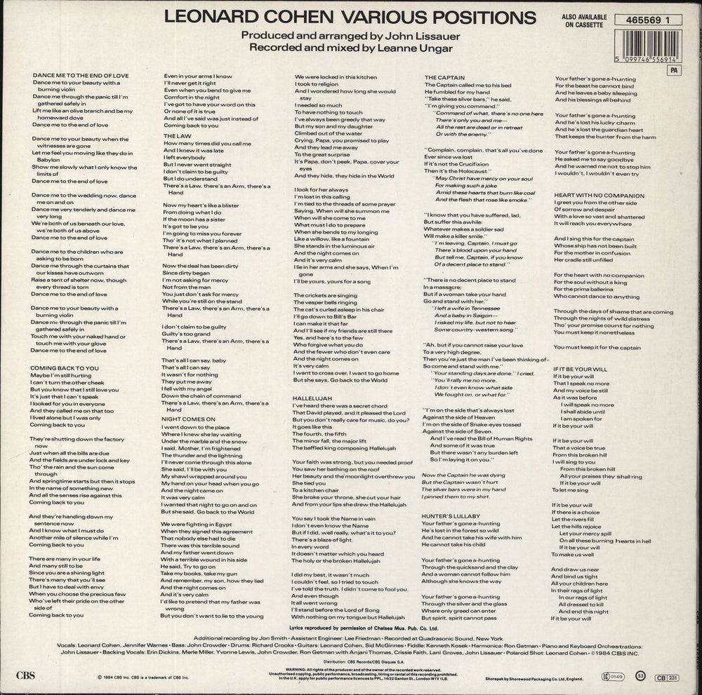 Leonard Cohen Various Positions - stickered p/s UK vinyl LP album (LP record) 5099746556914