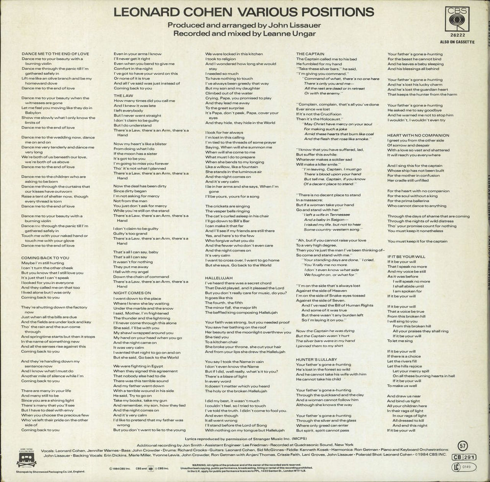 Leonard Cohen Various Positions - sunburst label - EX UK vinyl LP album (LP record)