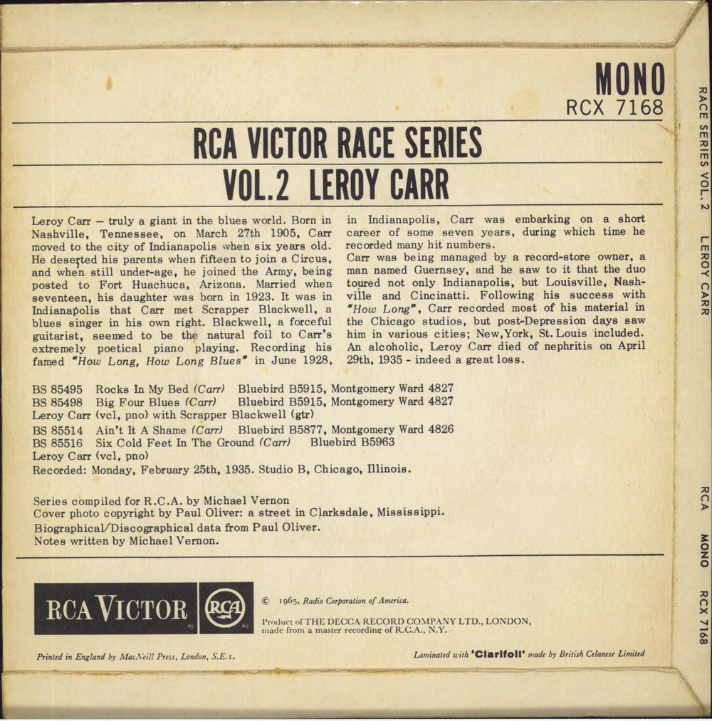 Leroy Carr RCA Victor Race Series Vol. 2 EP UK 7" vinyl single (7 inch record / 45)