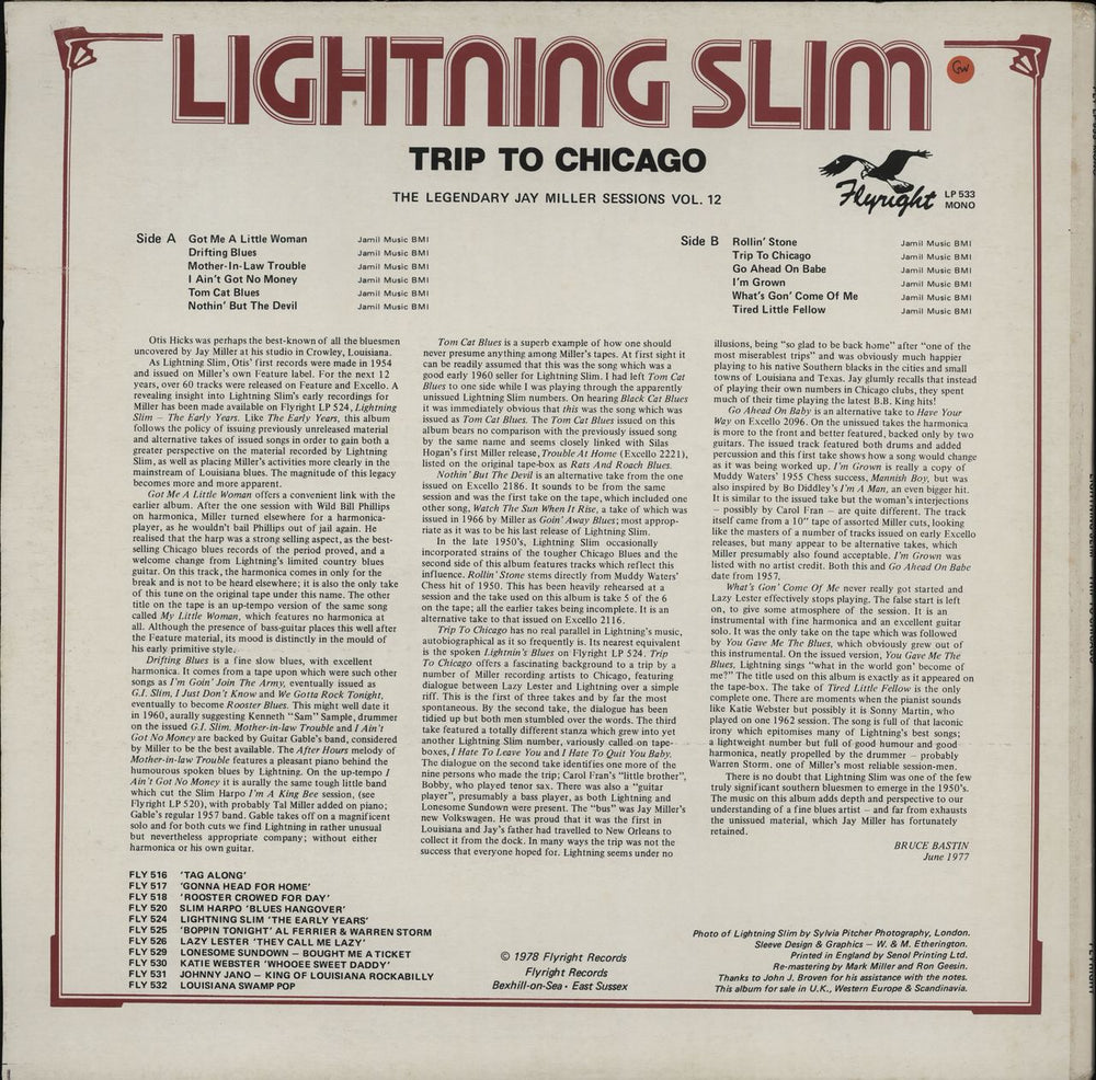 Lightnin' Slim Trip To Chicago UK vinyl LP album (LP record)