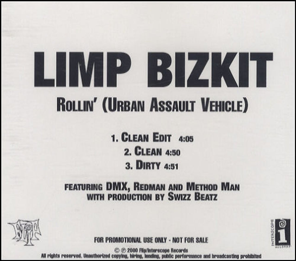 Limp Bizkit Rollin' (Urban Assault Vehicle) US Promo CD-R acetate CD ACETATE