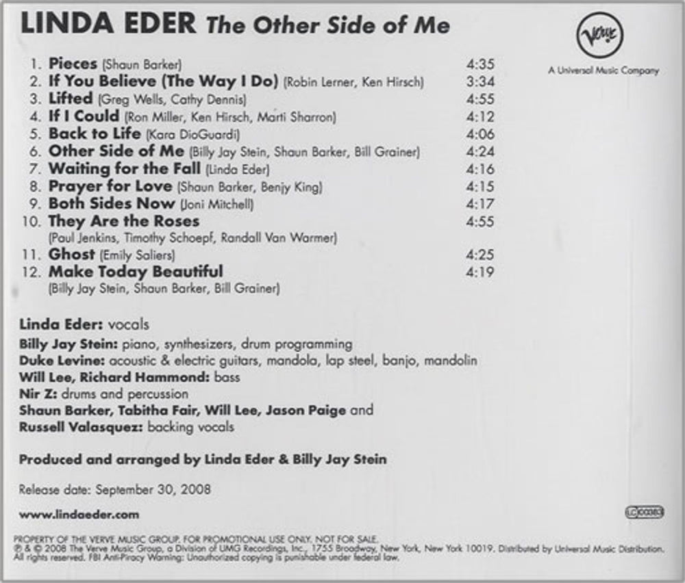 Linda Eder The Other Side Of Me US Promo CD-R acetate CD-R ACETATE