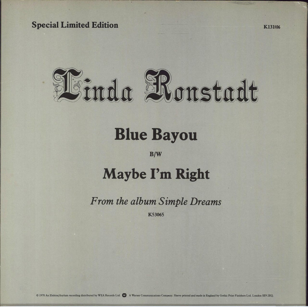 Linda Ronstadt Blue Bayou - Blue Vinyl - EX UK 12" vinyl single (12 inch record / Maxi-single)