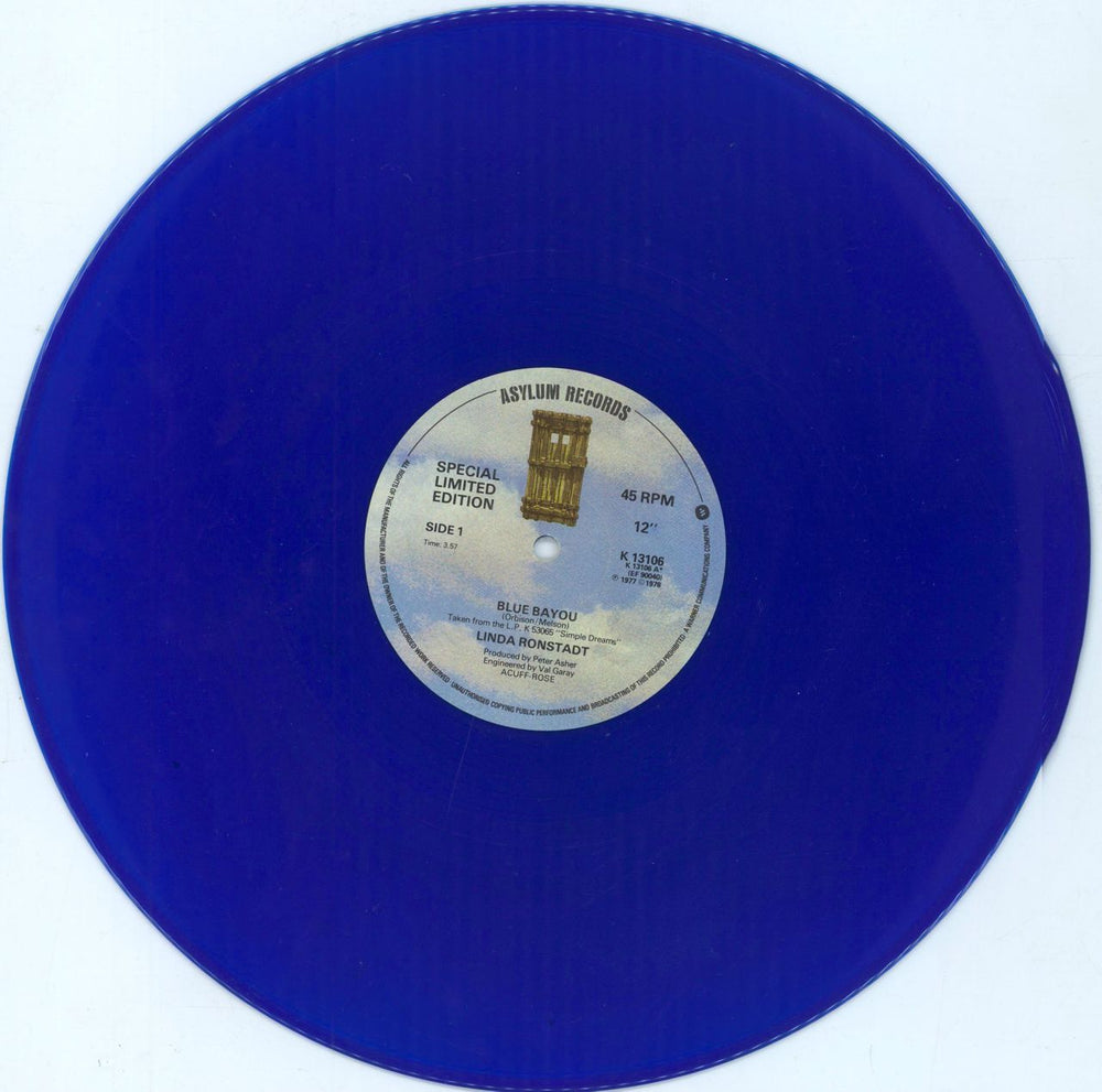 Linda Ronstadt Blue Bayou - Blue Vinyl - EX UK 12" vinyl single (12 inch record / Maxi-single) LIR12BL794517