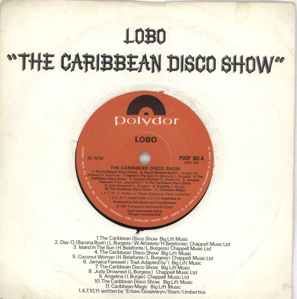 Lobo The Caribbean Disco Show - Paper label UK 7" vinyl single (7 inch record / 45) POSP302