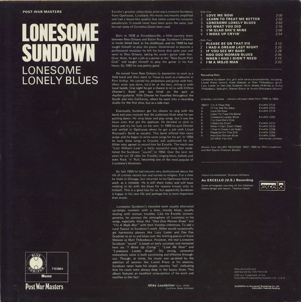 Lonesome Sundown Lonesome Lonely Blues UK vinyl LP album (LP record)