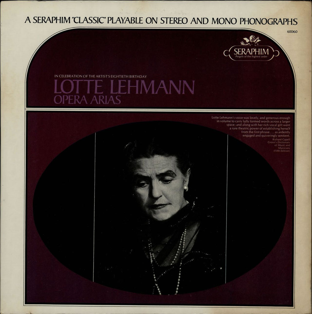 Lotte Lehmann Opera Arias US vinyl LP album (LP record) 60060