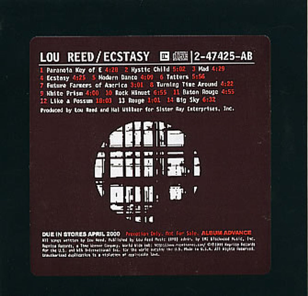 Lou Reed Ecstasy US Promo CD album (CDLP) 2-47425-AB