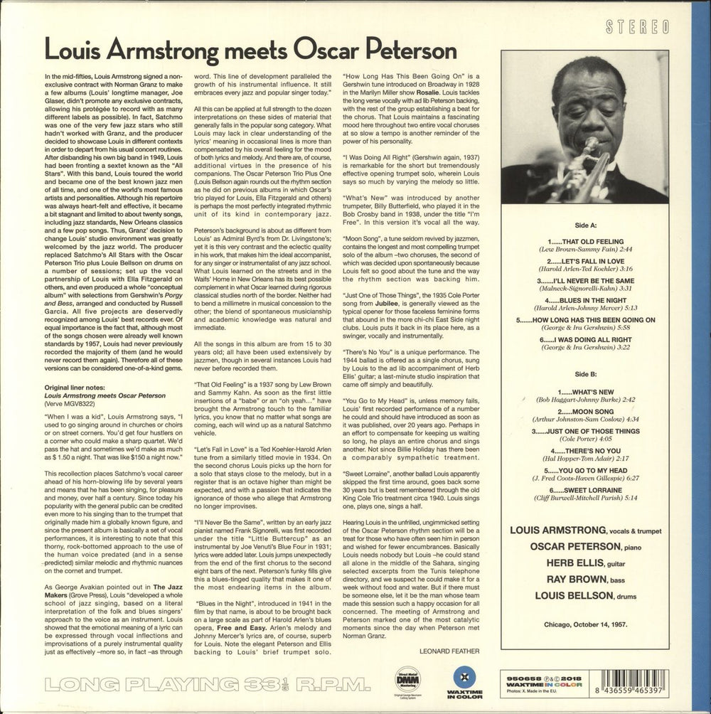 Louis Armstrong Louis Armstrong Meets Oscar Peterson - Blue 180 Gram Vinyl UK vinyl LP album (LP record) 8436559465397