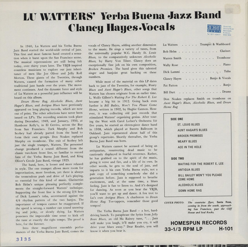 Lu Watters Lu Watters' Yerba Buena Jazz Band US vinyl LP album (LP record)