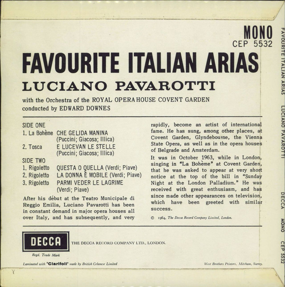 Luciano Pavarotti Favourite Italian Arias UK 7" vinyl single (7 inch record / 45)