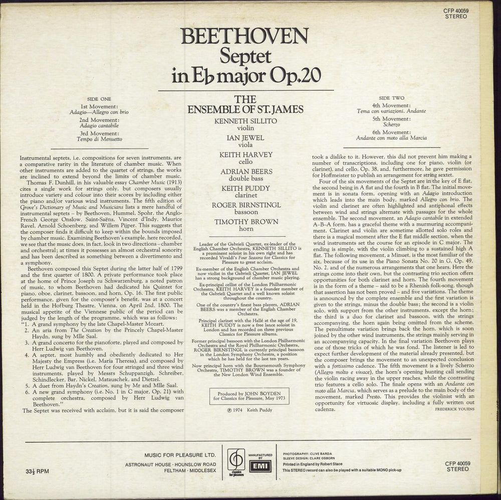 Ludwig Van Beethoven Beethoven - Septet In Eb Major, Op.20 UK vinyl LP album (LP record)