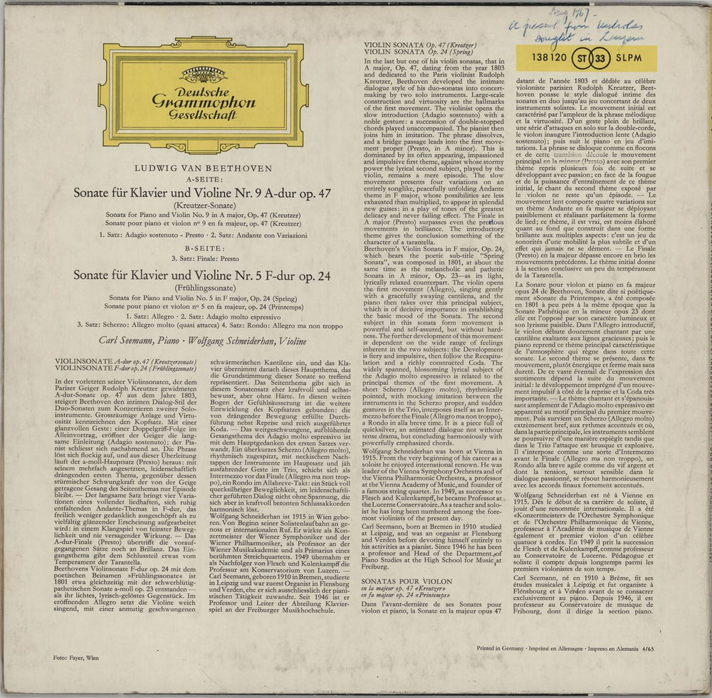 Ludwig Van Beethoven Beethoven: Violinsonaten A-Dur Op.47 Nr. 9 ? F-Dur Op.24 Nr.5 (Kreutzersonate Frühlingssonate) German vinyl LP album (LP record)