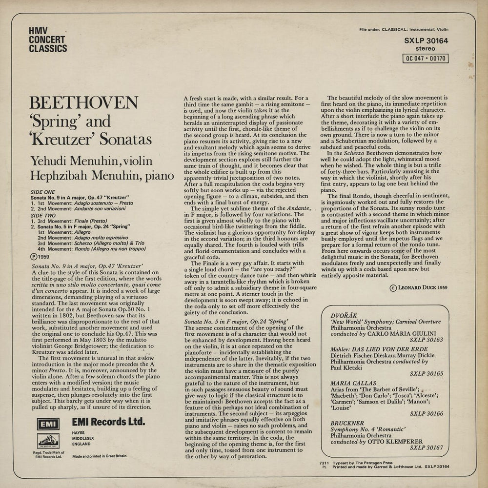 Ludwig Van Beethoven 'Spring' & 'Kreutzer' Sonatas UK vinyl LP album (LP record)