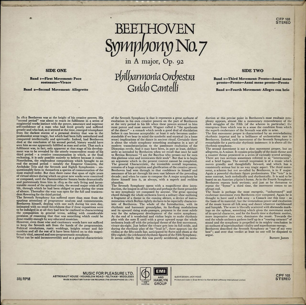 Ludwig Van Beethoven Symphony No. 7 UK vinyl LP album (LP record)