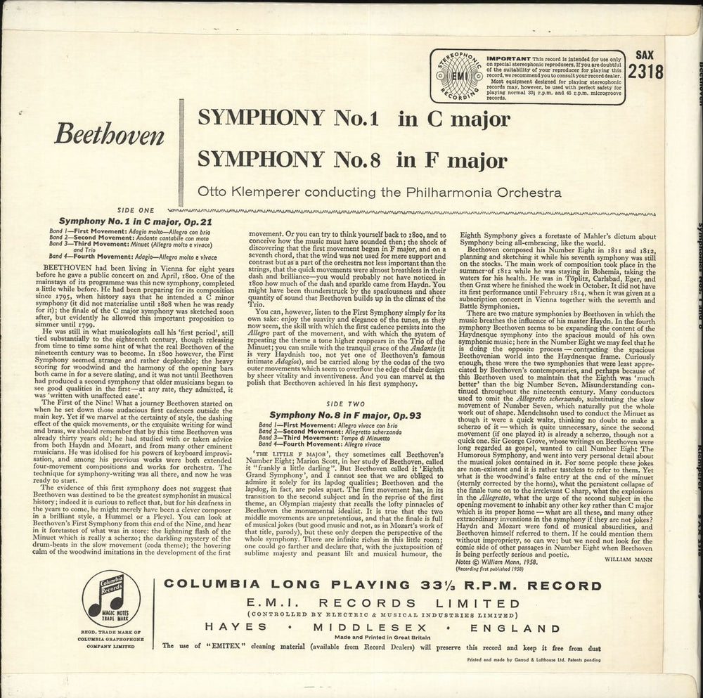 Ludwig Van Beethoven The Beethoven Symphonies: Numbers 1 & 8 - 1st UK vinyl LP album (LP record)