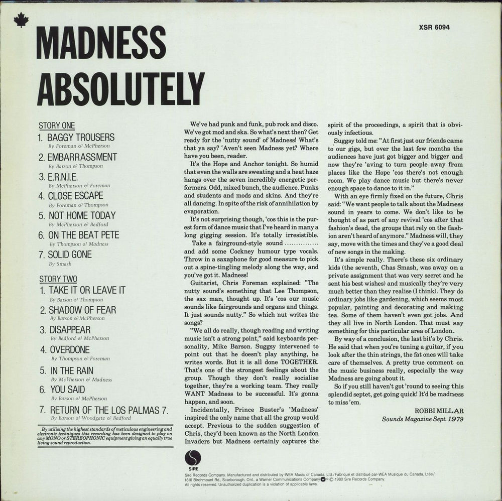 Madness Absolutely Canadian vinyl LP album (LP record)