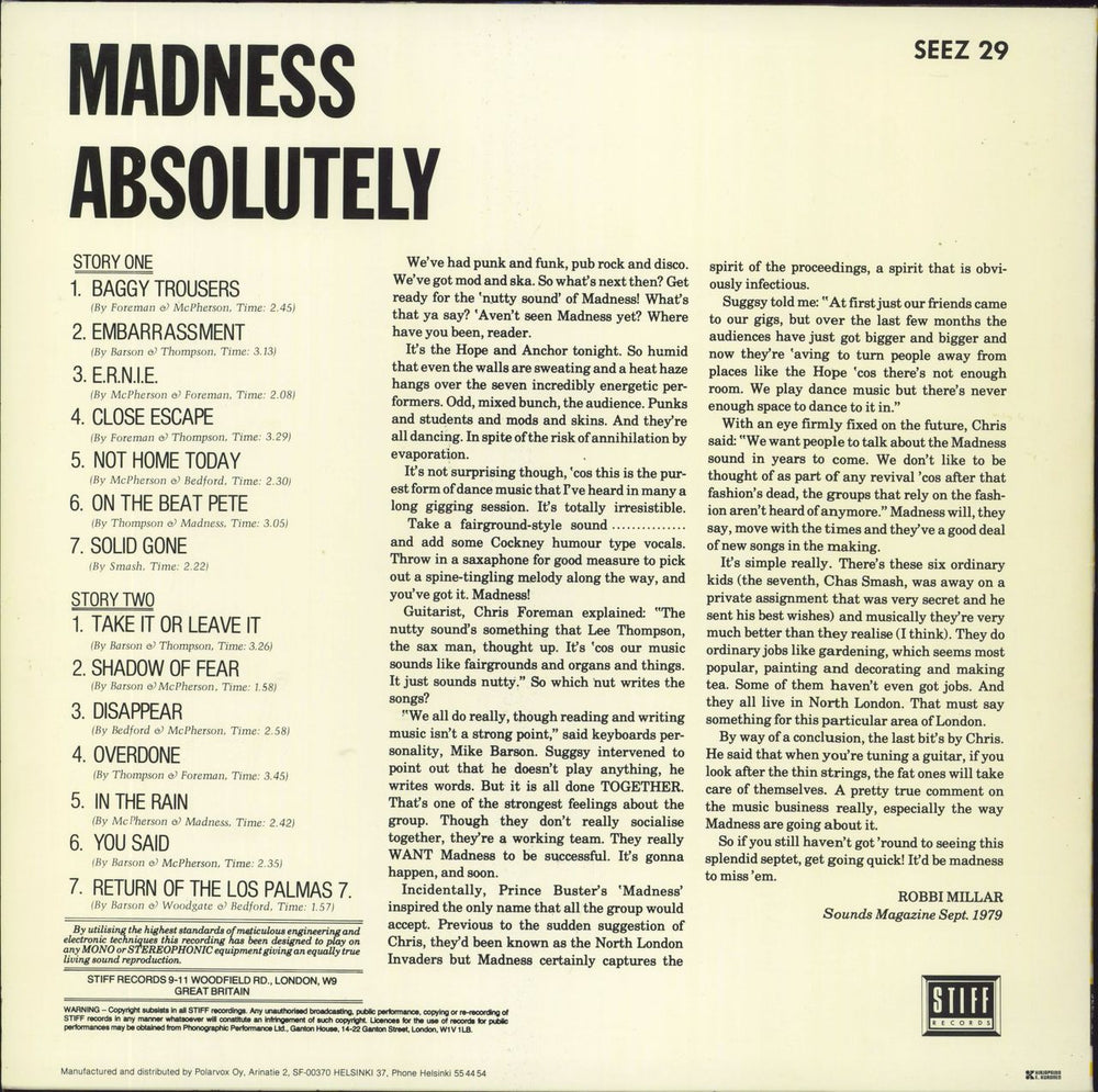 Madness Absolutely Finnish vinyl LP album (LP record)