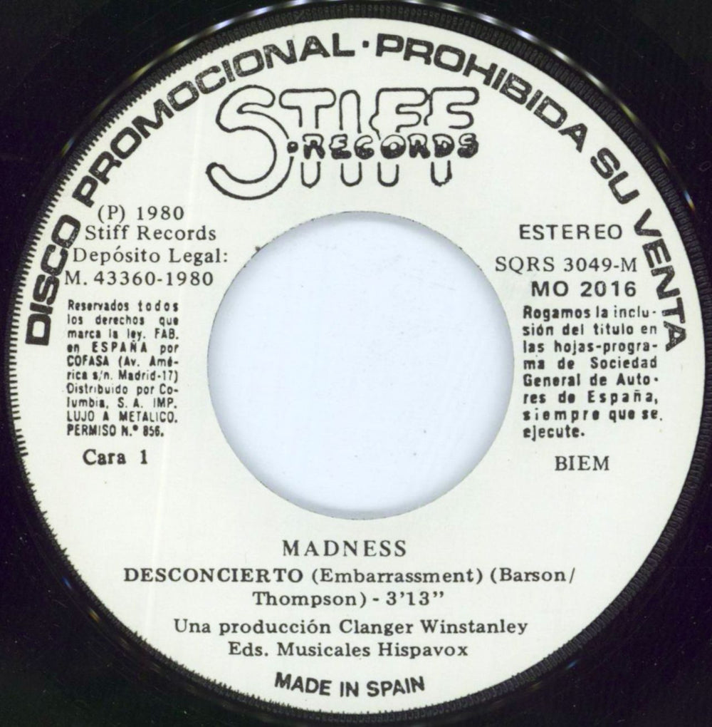 Madness Embarrassment (Desconcierto) Spanish Promo 7" vinyl single (7 inch record / 45) MDN07EM801063