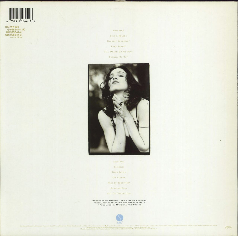 Madonna Like A Prayer - Scented Inner + AIDS Facts Insert UK vinyl LP album (LP record) 075992584418