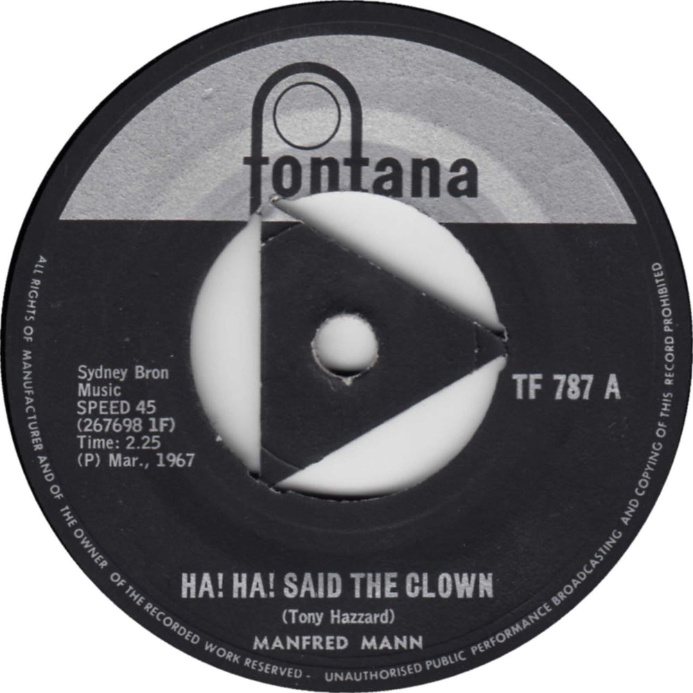 Manfred Mann Ha! Ha! Said The Clown - 3 Prong South African 7" vinyl single (7 inch record / 45)