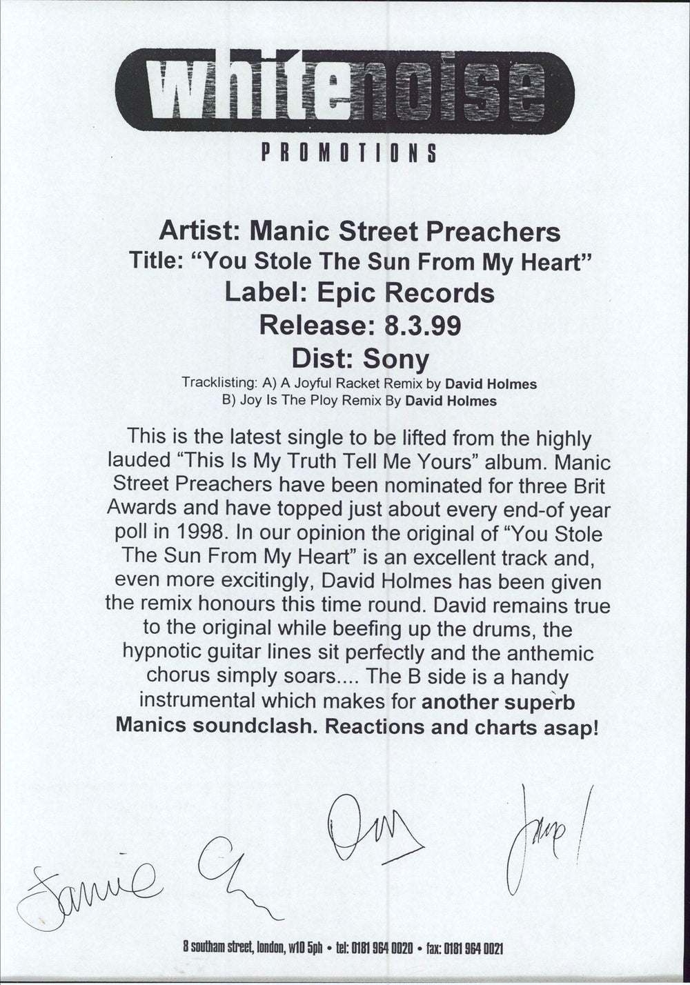 Manic Street Preachers You Stole The Sun From My Heart - EX + Press Release UK Promo 12" vinyl single (12 inch record / Maxi-single)