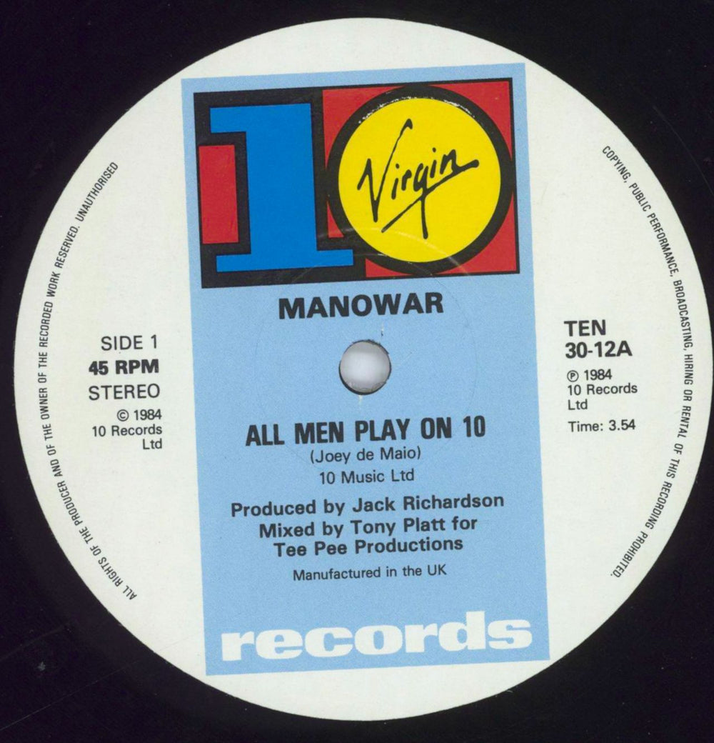 Manowar All Men Play On 10 UK 12" vinyl single (12 inch record / Maxi-single) MOW12AL536516