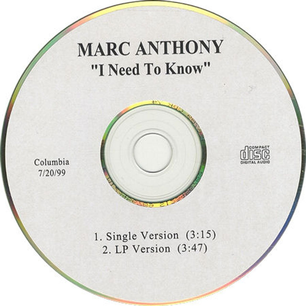 Marc Anthony I Need To Know US Promo CD-R acetate CD ACETATE