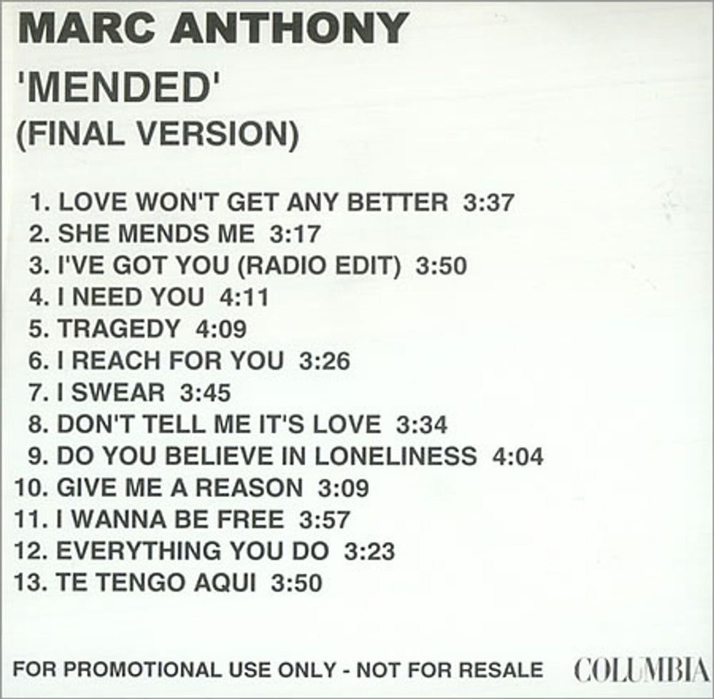 Marc Anthony Mended UK CD-R acetate CD-R ACETATE