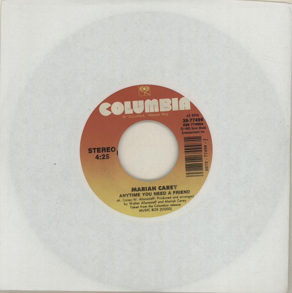 Mariah Carey Anytime You Need A Friend US 7" vinyl single (7 inch record / 45) 38-77499