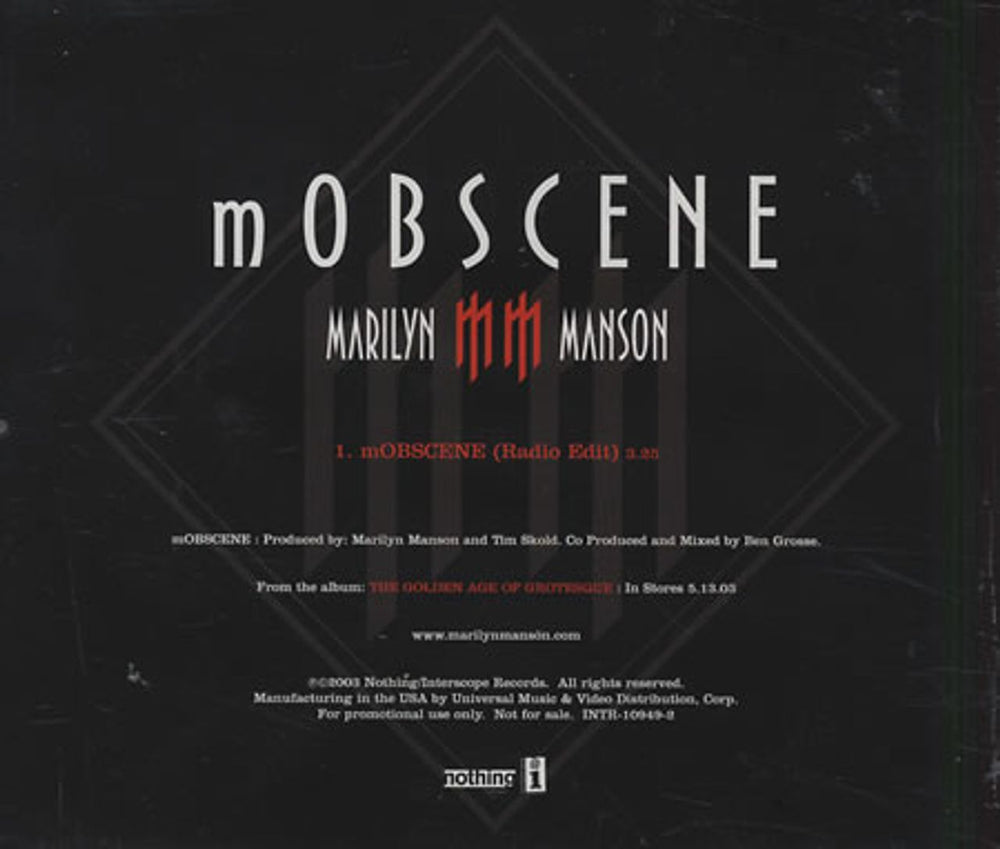 Marilyn Manson Mobscene US Promo CD single (CD5 / 5") MYMC5MO248208