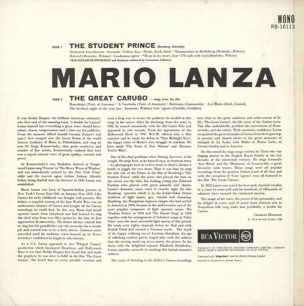 Mario Lanza The Student Prince And The Great Caruso UK vinyl LP album (LP record)