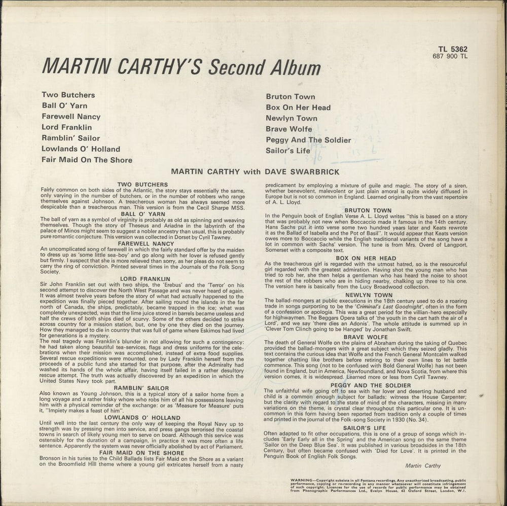 Martin Carthy Second Album - Mono Sleeve UK vinyl LP album (LP record) CAYLPSE796318