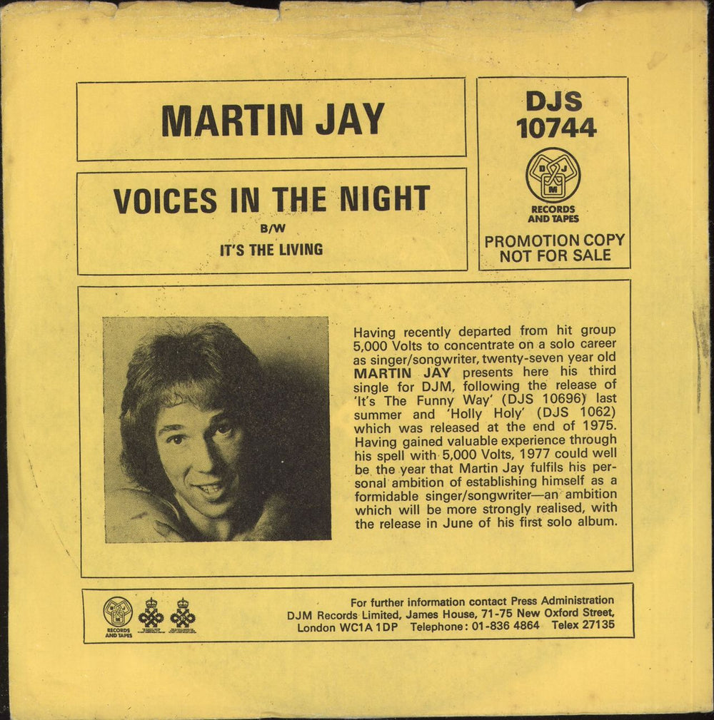 Martin Jay Voices In The Night UK Promo 7" vinyl single (7 inch record / 45) DJS10744