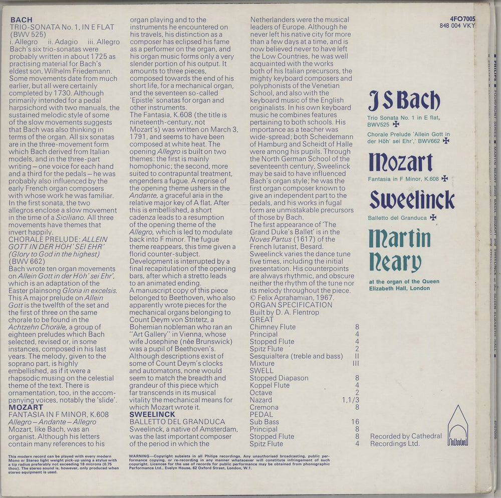 Martin Neary J.S. Bach / Mozart / Sweelinck UK vinyl LP album (LP record)