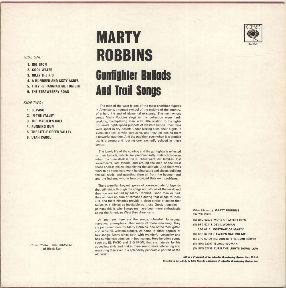 Marty Robbins Gunfighter Ballads And Trail Songs UK vinyl LP album (LP record)