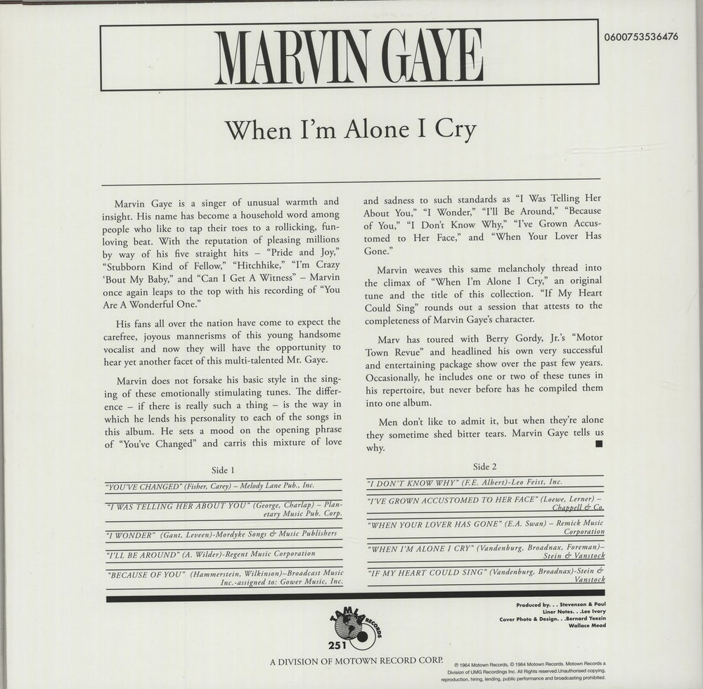 Marvin Gaye When I'm Alone I Cry US vinyl LP album (LP record) MVGLPWH681693