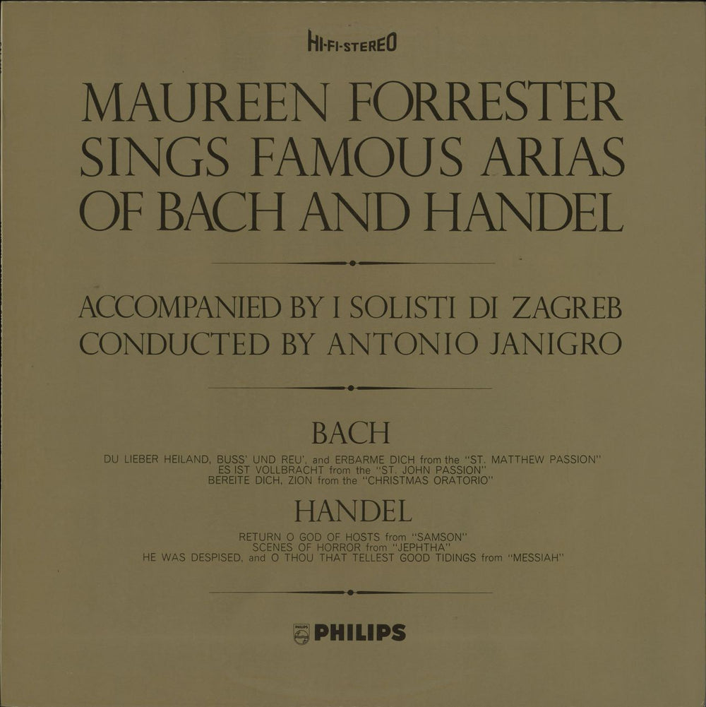 Maureen Forrester Sings Famous Arias Of Bach And Handel UK vinyl LP album (LP record) SAL3512