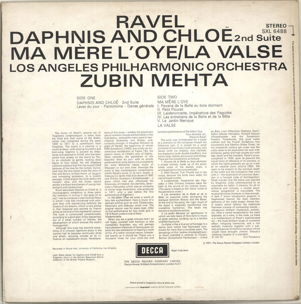 Maurice Ravel Daphnis And Chloë 2nd Suite / Ma Mère L'Oye / La Valse UK vinyl LP album (LP record)