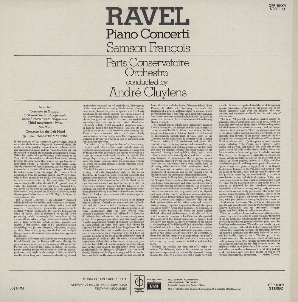 Maurice Ravel Piano Concerti UK vinyl LP album (LP record)