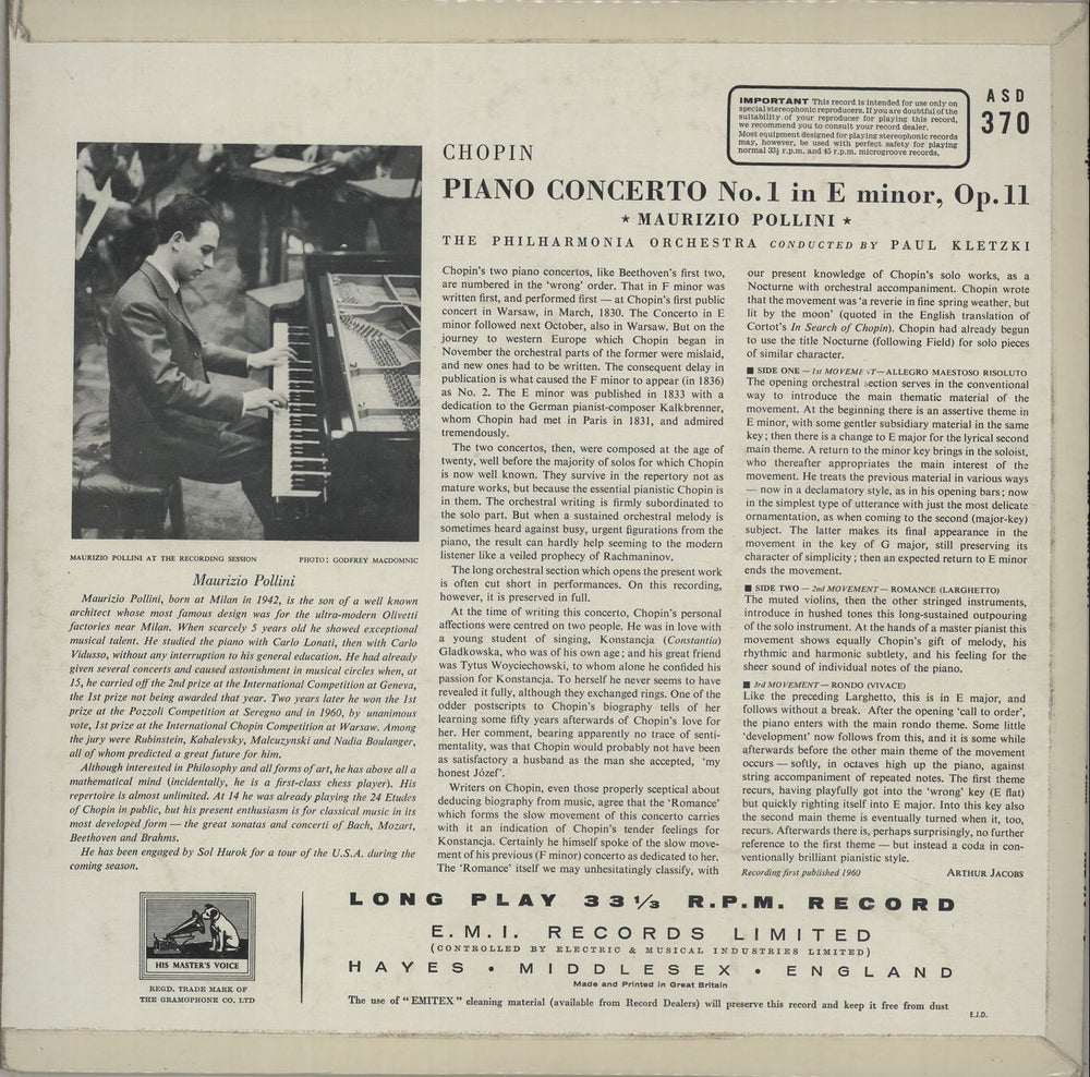 Maurizio Pollini Chopin: Piano Concerto No. 1 - 1st UK vinyl LP album (LP record) OG6LPCH659585